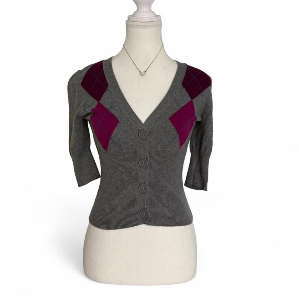 Grey & Burgundy Argyle Fitted Sweater Vest Essentials Staple 3/4 Sleeves Small